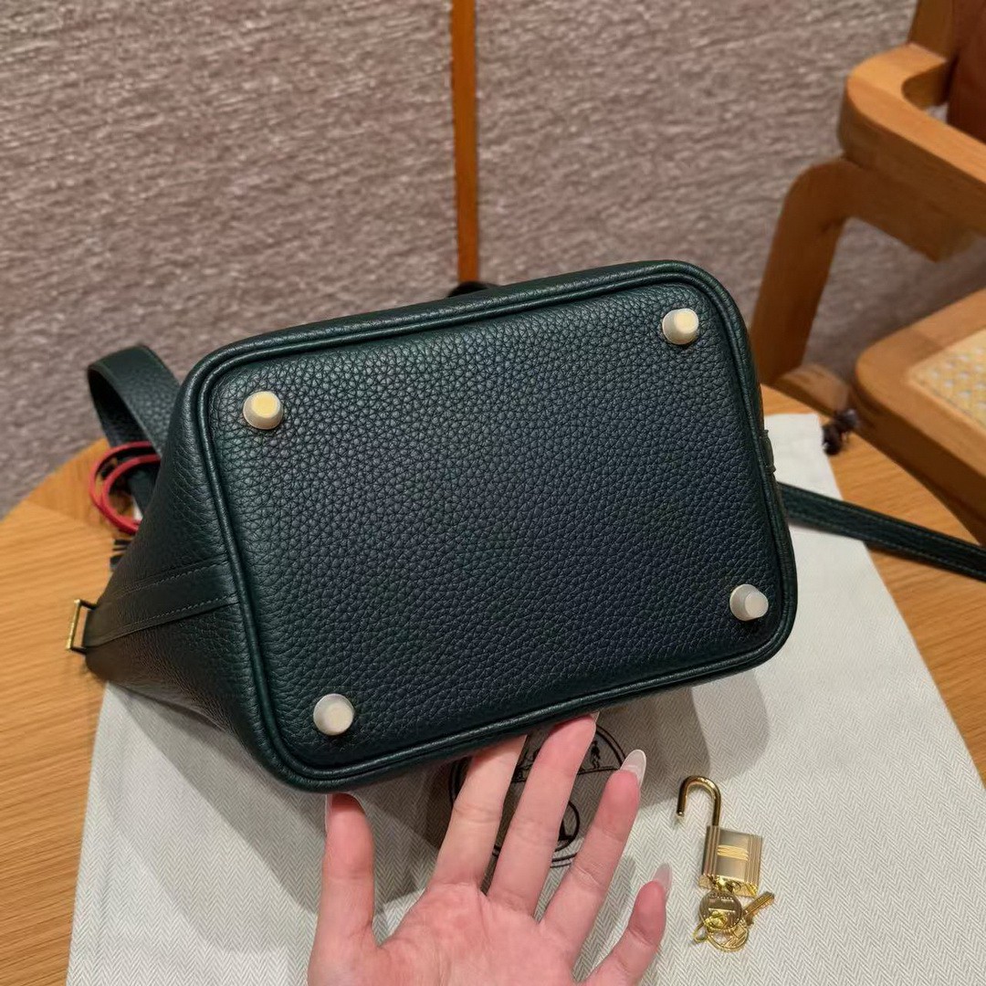 Hermes Picotin Lock 18 CM Bag Handmade In Taurillon Clemence Leather Gold Hardware 67 Vert Fonce - Image 16