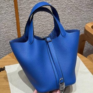 Hermes Picotin Lock 18 CM Bag Handmade In Taurillon Clemence Leather Silver Hardware 71 Bleu France