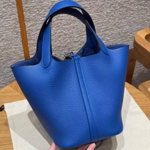 Hermes Picotin Lock 18 CM Bag Handmade In Taurillon Clemence Leather Silver Hardware 71 Bleu France - Image 2