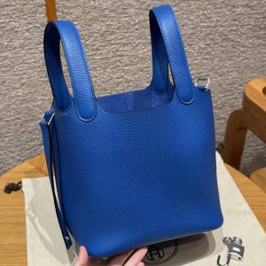 Hermes Picotin Lock 18 CM Bag Handmade In Taurillon Clemence Leather Silver Hardware 71 Bleu France - Image 16