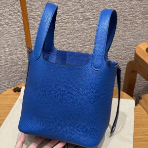 Hermes Picotin Lock 18 CM Bag Handmade In Taurillon Clemence Leather Silver Hardware 71 Bleu France - Image 15