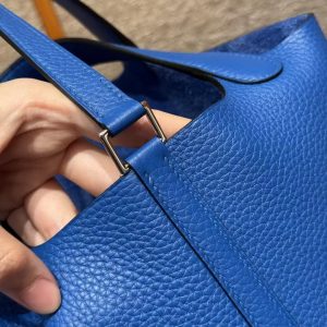 Hermes Picotin Lock 18 CM Bag Handmade In Taurillon Clemence Leather Silver Hardware 71 Bleu France - Image 5