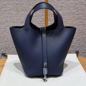Hermes Picotin Lock 18 CM Bag Handmade In Taurillon Clemence Leather Silver Hardware 73 Blue Saphir