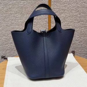 Hermes Picotin Lock 18 CM Bag Handmade In Taurillon Clemence Leather Silver Hardware 73 Blue Saphir - Image 2