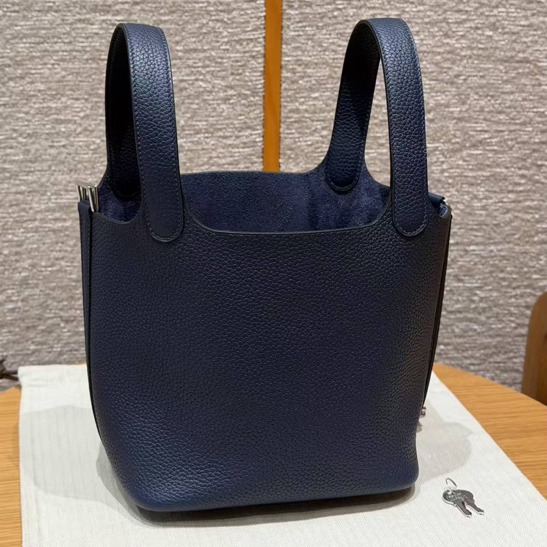 Hermes Picotin Lock 18 CM Bag Handmade In Taurillon Clemence Leather Silver Hardware 73 Blue Saphir - Image 17