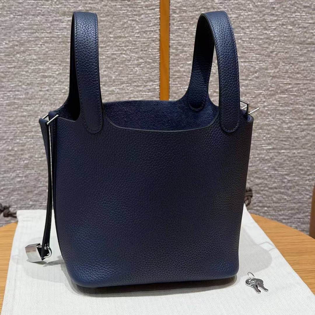 Hermes Picotin Lock 18 CM Bag Handmade In Taurillon Clemence Leather Silver Hardware 73 Blue Saphir - Image 16