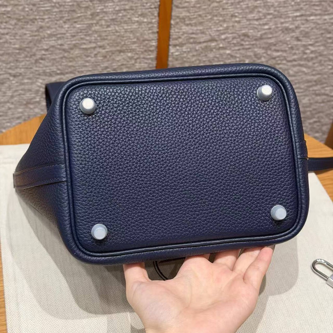 Hermes Picotin Lock 18 CM Bag Handmade In Taurillon Clemence Leather Silver Hardware 73 Blue Saphir - Image 15