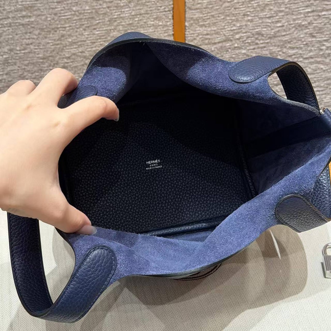 Hermes Picotin Lock 18 CM Bag Handmade In Taurillon Clemence Leather Silver Hardware 73 Blue Saphir - Image 14