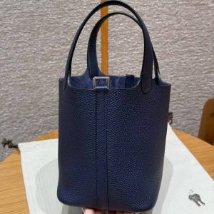 Hermes Picotin Lock 18 CM Bag Handmade In Taurillon Clemence Leather Silver Hardware 73 Blue Saphir - Image 10