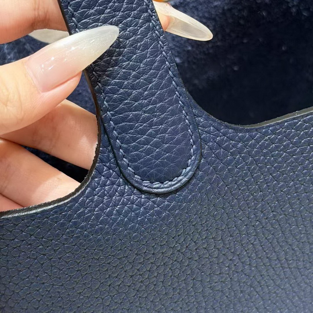 Hermes Picotin Lock 18 CM Bag Handmade In Taurillon Clemence Leather Silver Hardware 73 Blue Saphir - Image 9