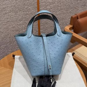 Hermes Picotin Lock 18 CM Bag Handmade In KK Ostrich Leather from South Africa Silver Hardware 75 Blue Jean