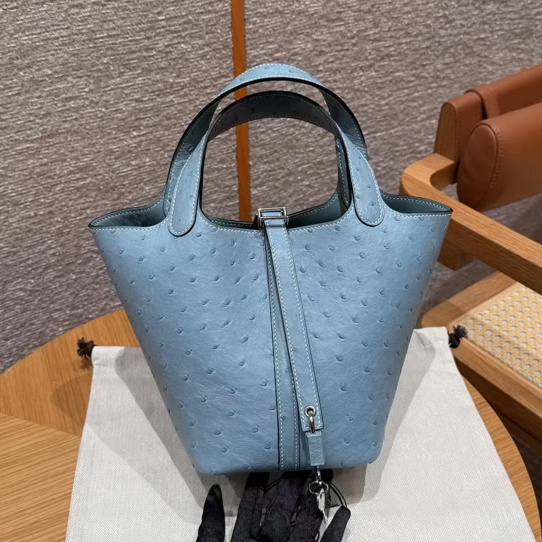 Hermes Picotin Lock 18 CM Bag Handmade In KK Ostrich Leather from South Africa Silver Hardware 75 Blue Jean