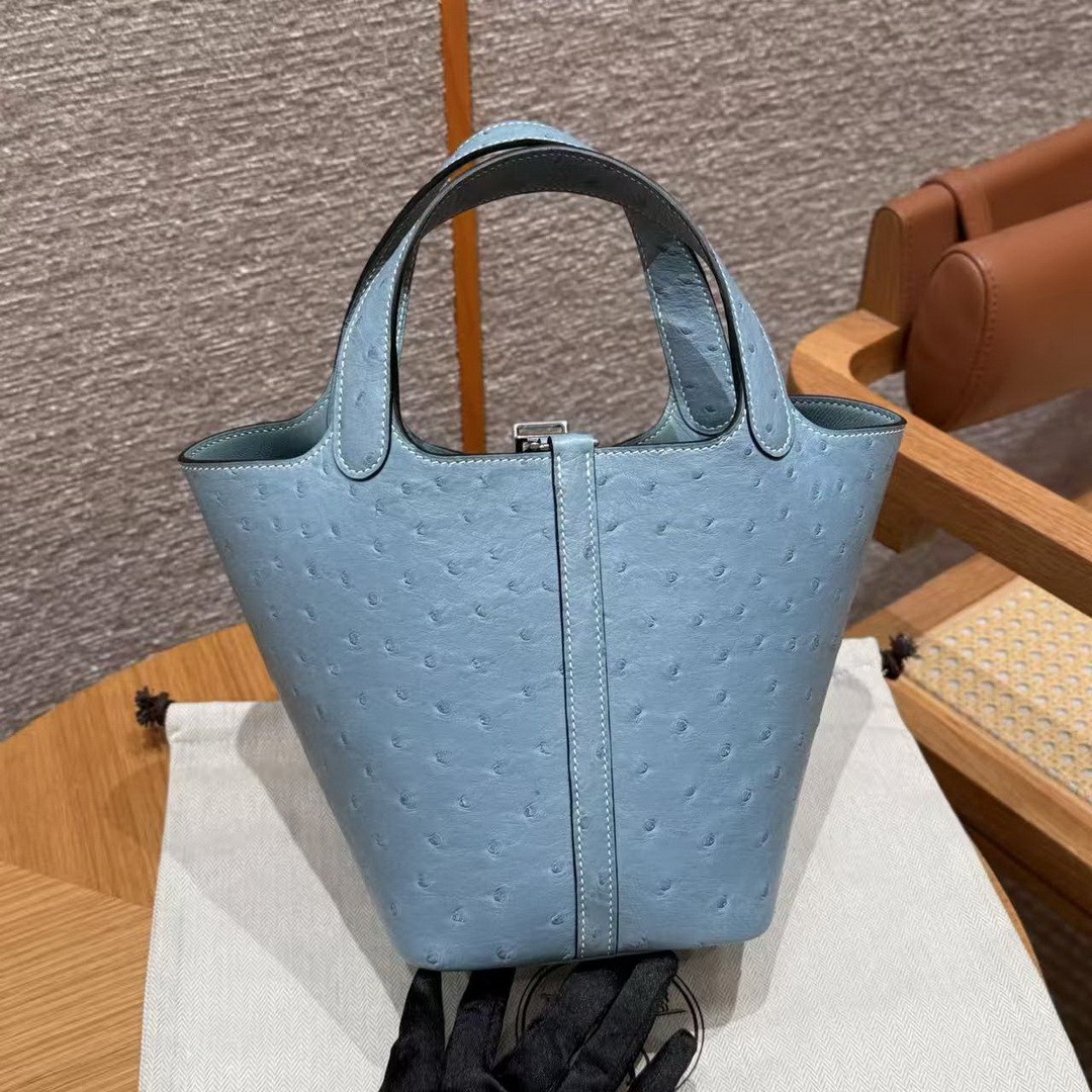 Hermes Picotin Lock 18 CM Bag Handmade In KK Ostrich Leather from South Africa Silver Hardware 75 Blue Jean - Image 2