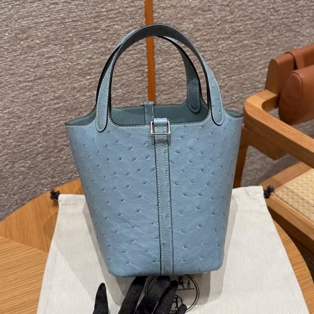 Hermes Picotin Lock 18 CM Bag Handmade In KK Ostrich Leather from South Africa Silver Hardware 75 Blue Jean - Image 20