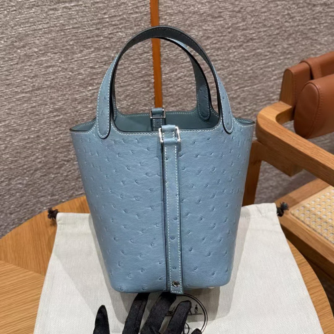Hermes Picotin Lock 18 CM Bag Handmade In KK Ostrich Leather from South Africa Silver Hardware 75 Blue Jean - Image 19