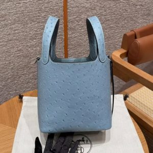 Hermes Picotin Lock 18 CM Bag Handmade In KK Ostrich Leather from South Africa Silver Hardware 75 Blue Jean - Image 18