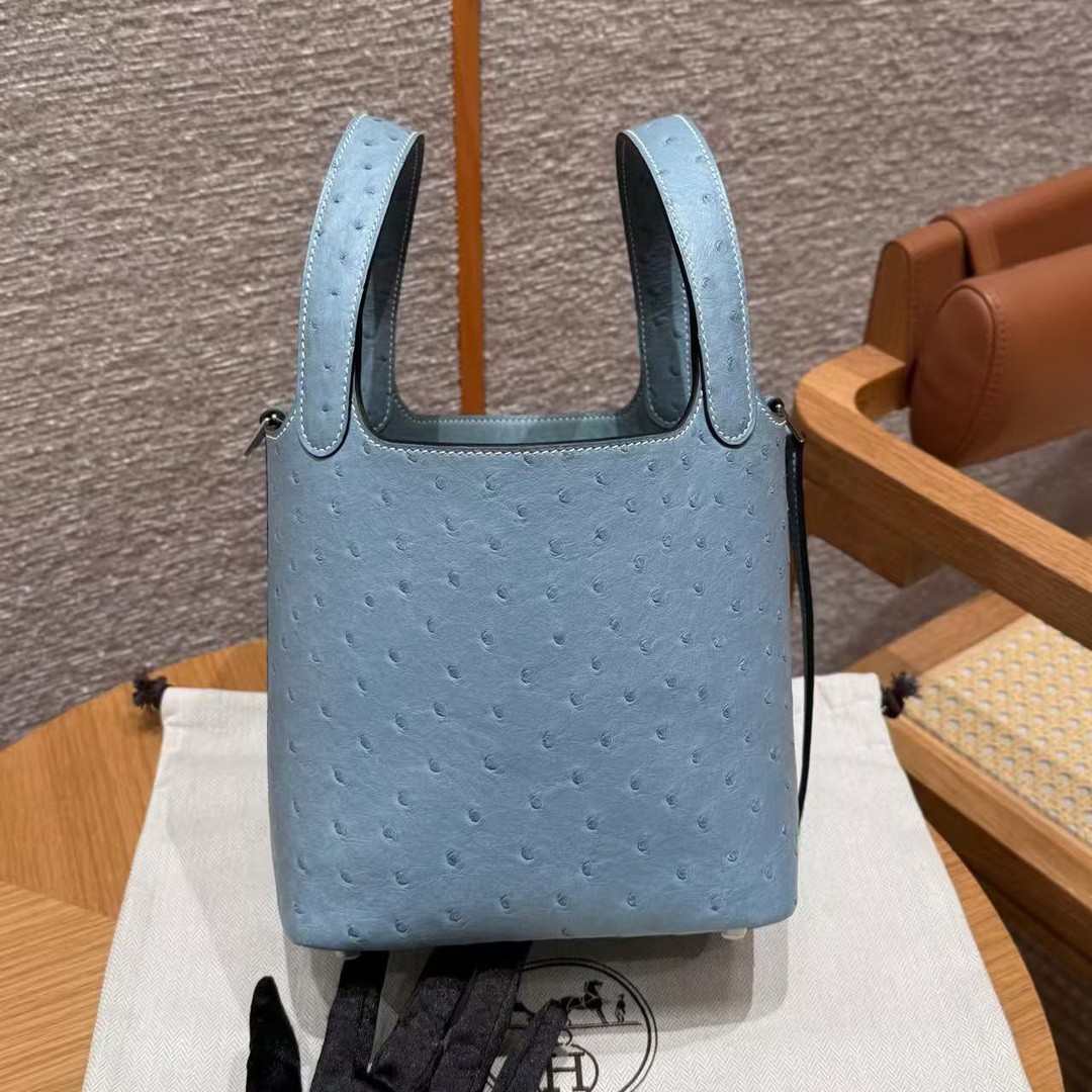 Hermes Picotin Lock 18 CM Bag Handmade In KK Ostrich Leather from South Africa Silver Hardware 75 Blue Jean - Image 18
