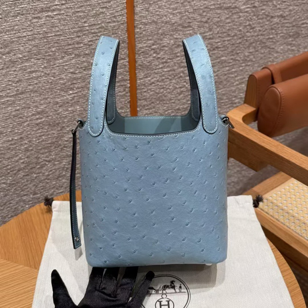 Hermes Picotin Lock 18 CM Bag Handmade In KK Ostrich Leather from South Africa Silver Hardware 75 Blue Jean - Image 17