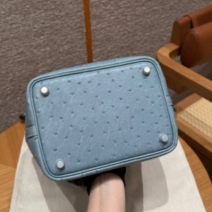 Hermes Picotin Lock 18 CM Bag Handmade In KK Ostrich Leather from South Africa Silver Hardware 75 Blue Jean - Image 16