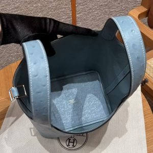 Hermes Picotin Lock 18 CM Bag Handmade In KK Ostrich Leather from South Africa Silver Hardware 75 Blue Jean - Image 15