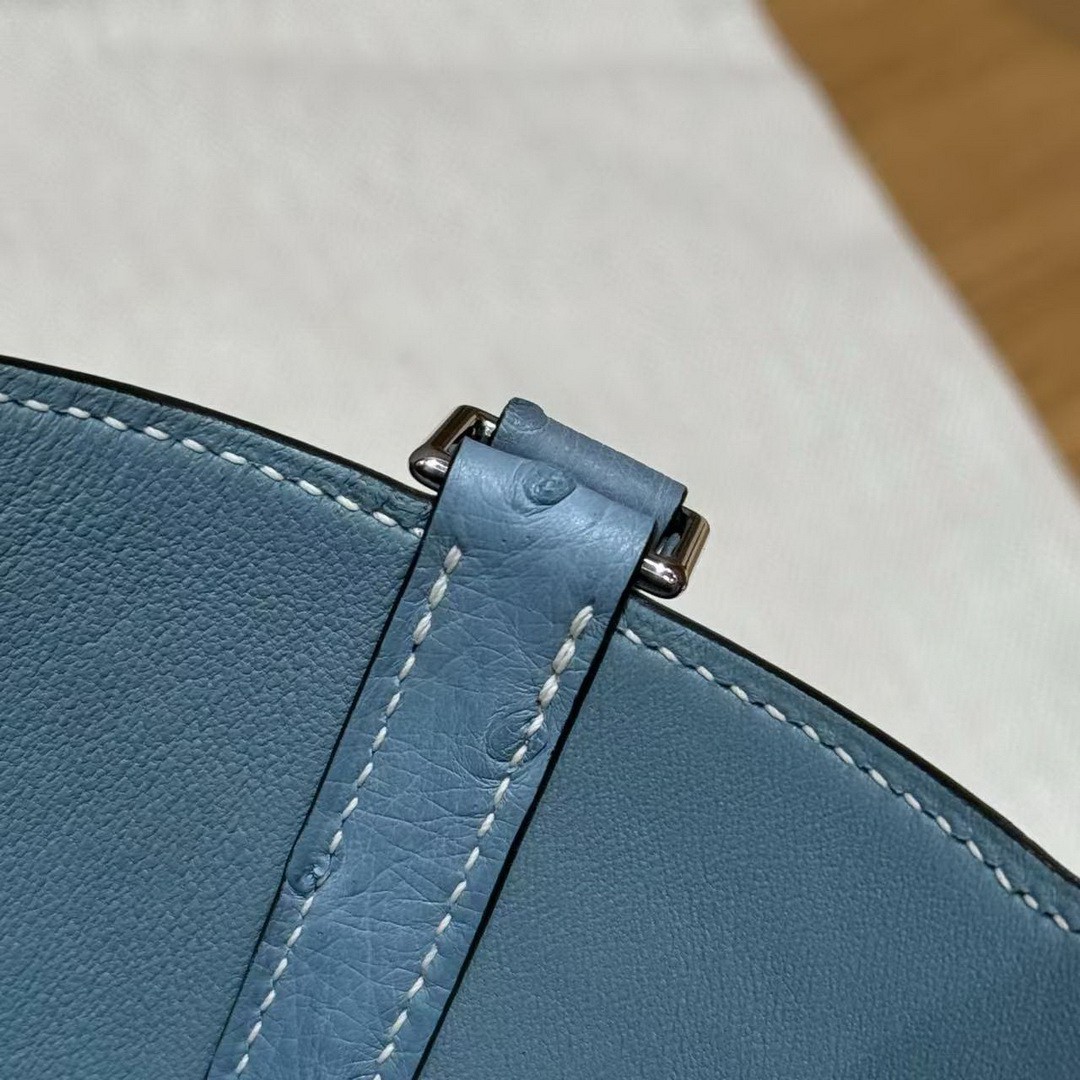 Hermes Picotin Lock 18 CM Bag Handmade In KK Ostrich Leather from South Africa Silver Hardware 75 Blue Jean - Image 12