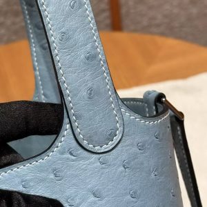 Hermes Picotin Lock 18 CM Bag Handmade In KK Ostrich Leather from South Africa Silver Hardware 75 Blue Jean - Image 10