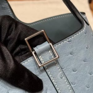 Hermes Picotin Lock 18 CM Bag Handmade In KK Ostrich Leather from South Africa Silver Hardware 75 Blue Jean - Image 9