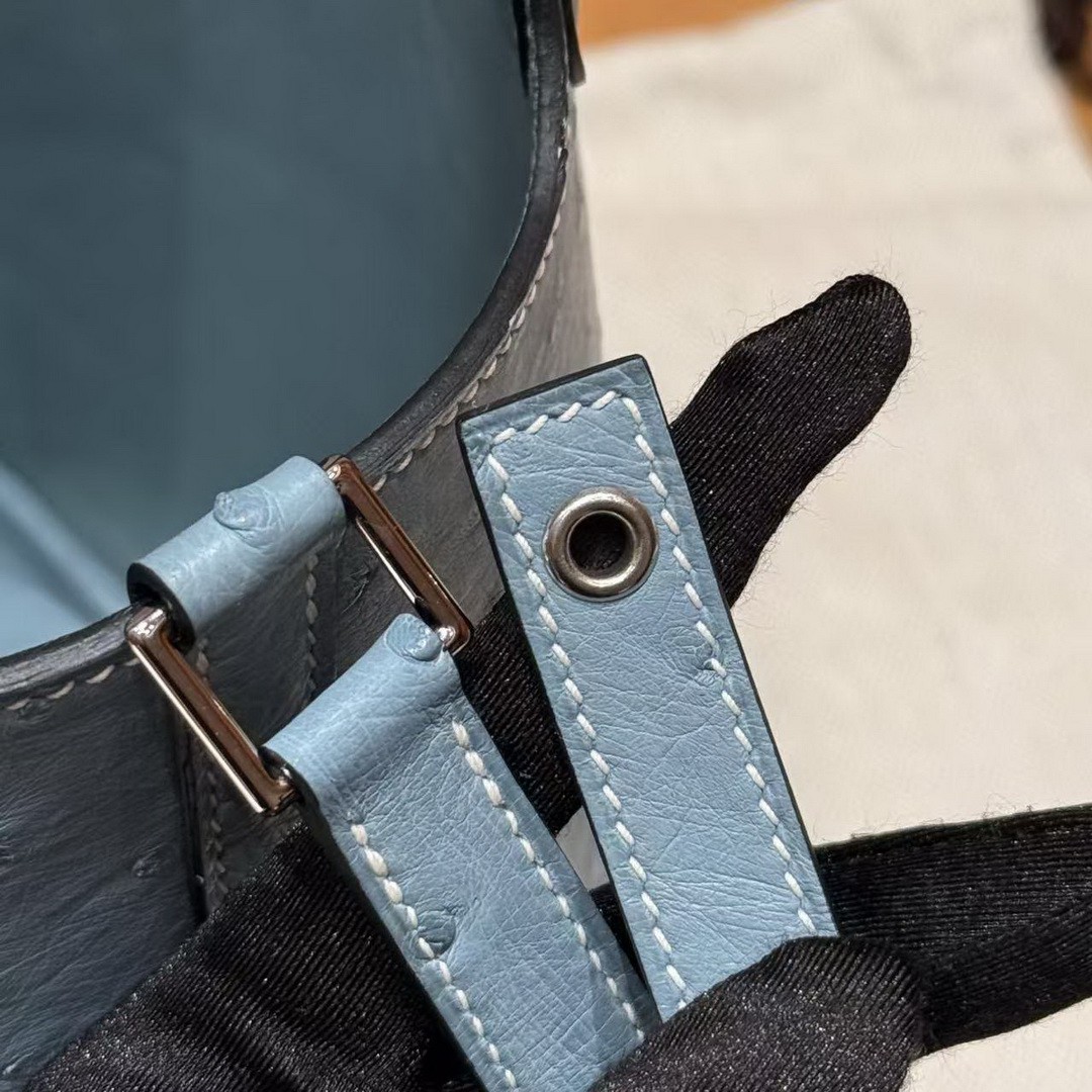 Hermes Picotin Lock 18 CM Bag Handmade In KK Ostrich Leather from South Africa Silver Hardware 75 Blue Jean - Image 8