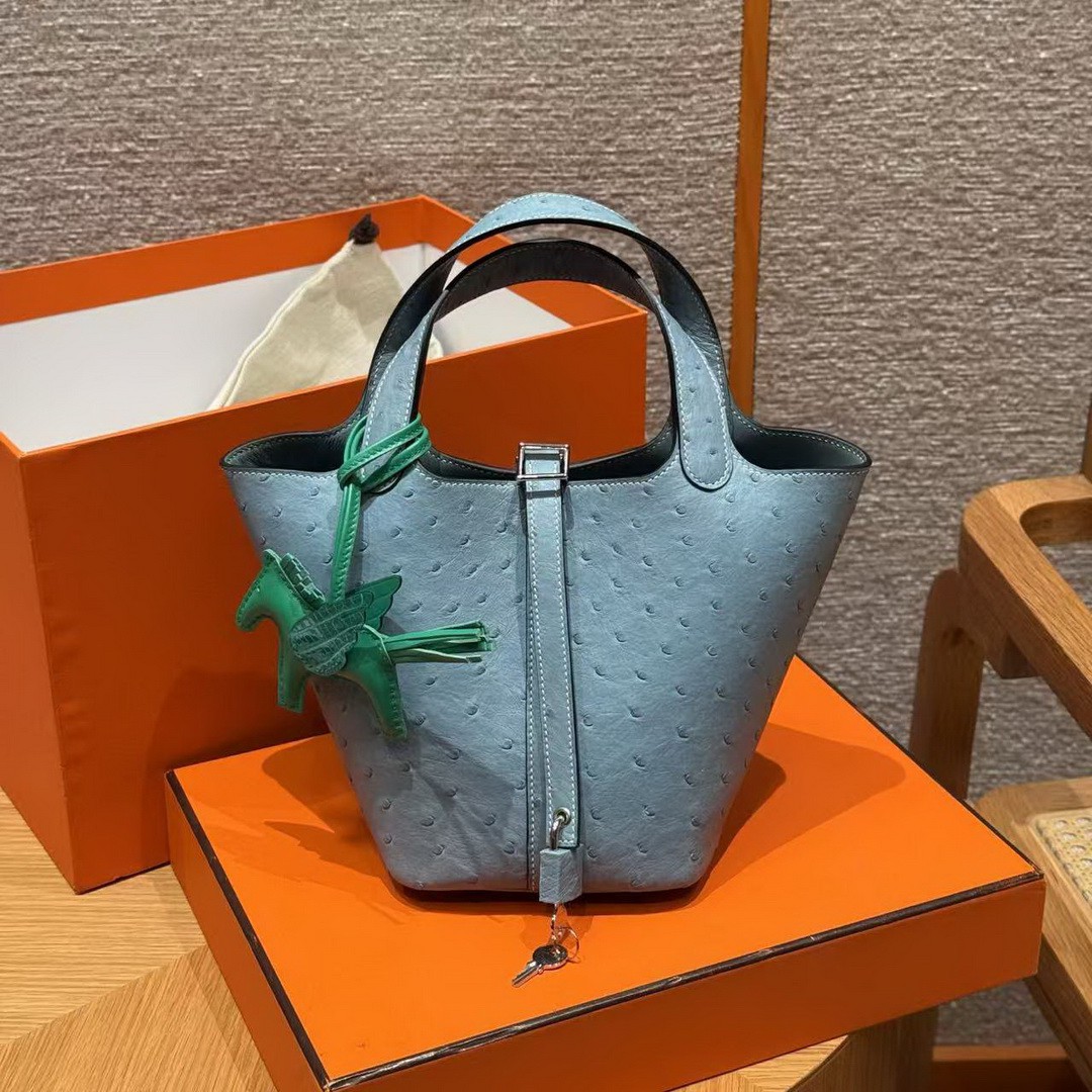 Hermes Picotin Lock 18 CM Bag Handmade In KK Ostrich Leather from South Africa Silver Hardware 75 Blue Jean - Image 4