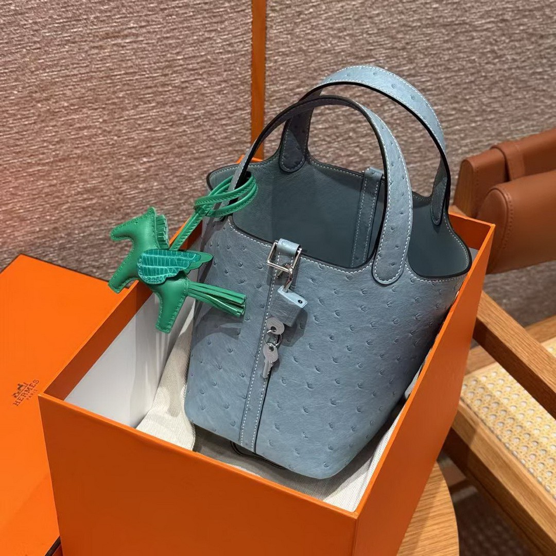 Hermes Picotin Lock 18 CM Bag Handmade In KK Ostrich Leather from South Africa Silver Hardware 75 Blue Jean - Image 3