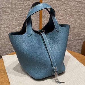 Hermes Picotin Lock 18 CM Bag Handmade In Taurillon Clemence Leather Silver Hardware 75 Blue Jean