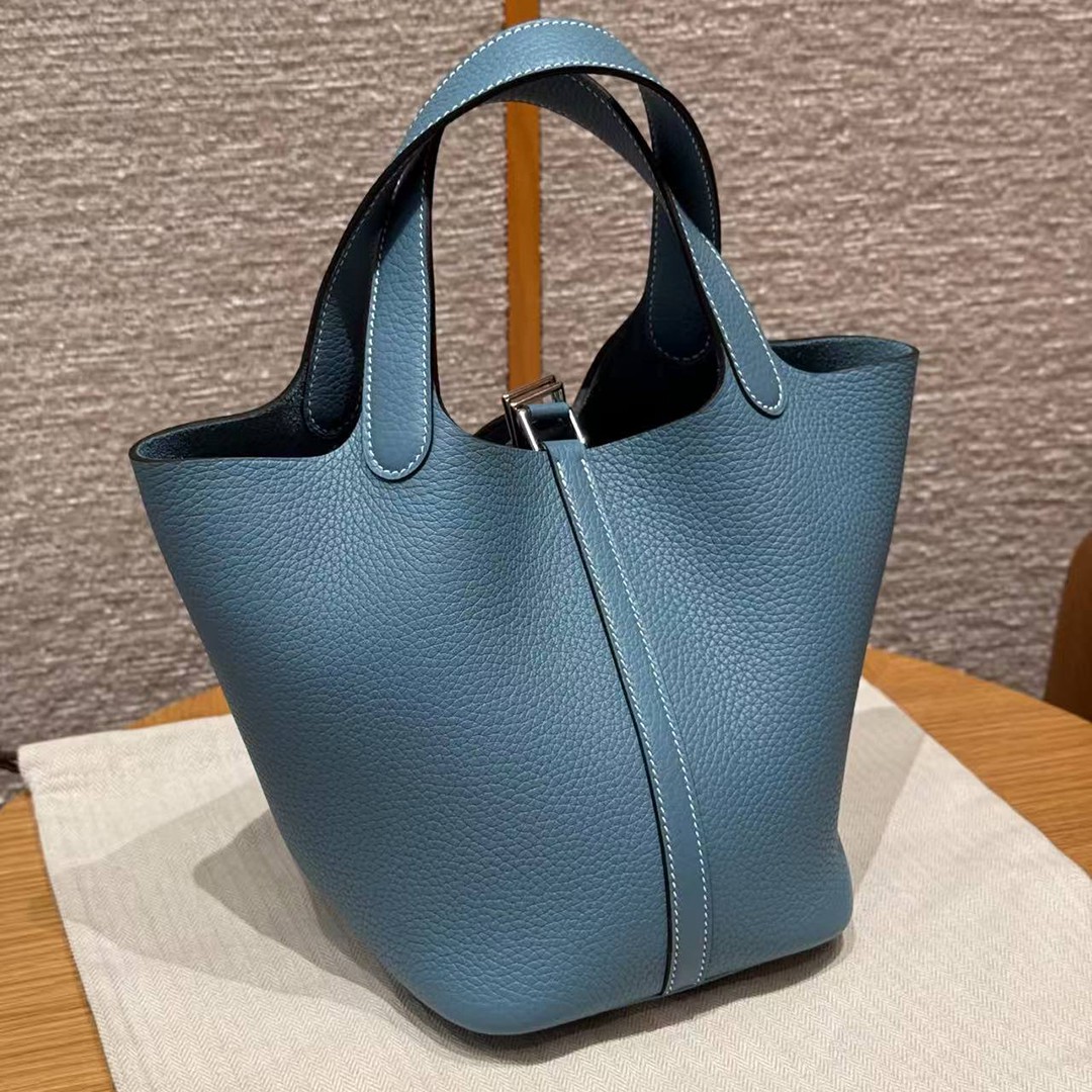 Hermes Picotin Lock 18 CM Bag Handmade In Taurillon Clemence Leather Silver Hardware 75 Blue Jean - Image 2