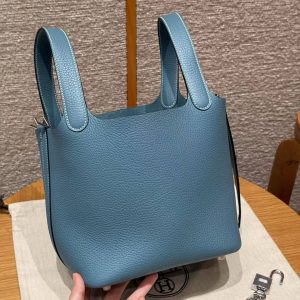 Hermes Picotin Lock 18 CM Bag Handmade In Taurillon Clemence Leather Silver Hardware 75 Blue Jean - Image 17