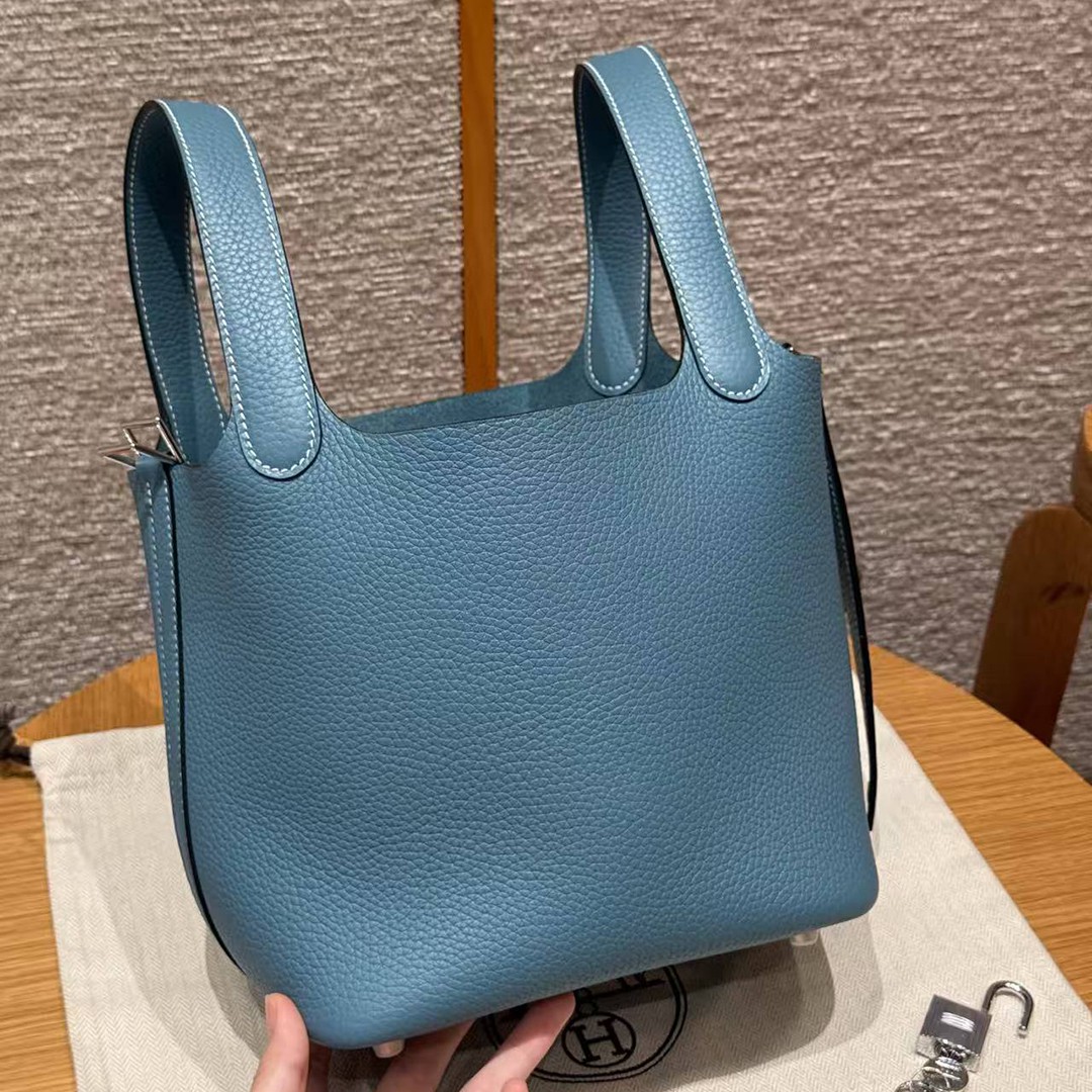 Hermes Picotin Lock 18 CM Bag Handmade In Taurillon Clemence Leather Silver Hardware 75 Blue Jean - Image 17