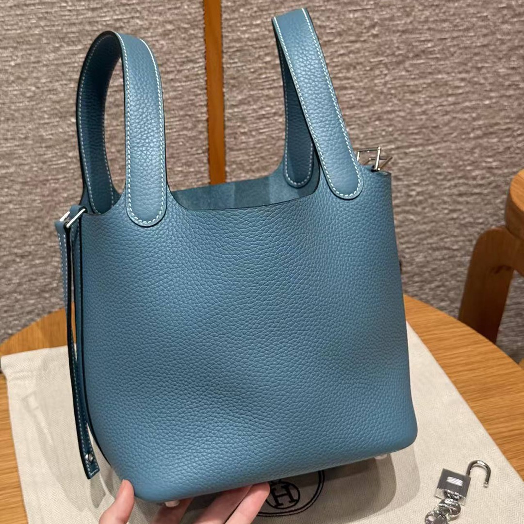 Hermes Picotin Lock 18 CM Bag Handmade In Taurillon Clemence Leather Silver Hardware 75 Blue Jean - Image 16