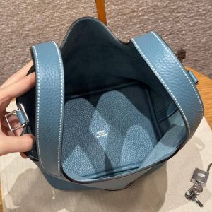Hermes Picotin Lock 18 CM Bag Handmade In Taurillon Clemence Leather Silver Hardware 75 Blue Jean - Image 15