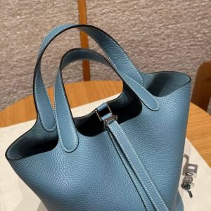 Hermes Picotin Lock 18 CM Bag Handmade In Taurillon Clemence Leather Silver Hardware 75 Blue Jean - Image 10
