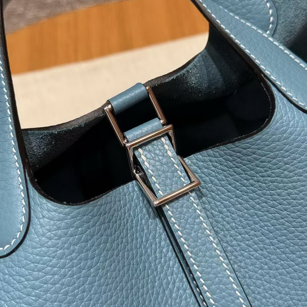 Hermes Picotin Lock 18 CM Bag Handmade In Taurillon Clemence Leather Silver Hardware 75 Blue Jean - Image 7