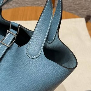 Hermes Picotin Lock 18 CM Bag Handmade In Taurillon Clemence Leather Silver Hardware 75 Blue Jean - Image 6