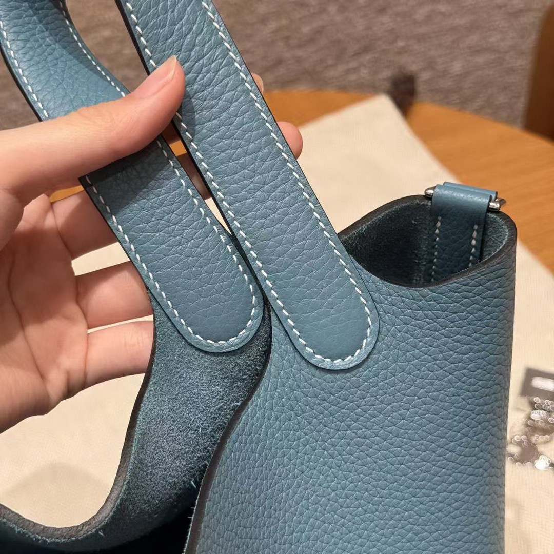 Hermes Picotin Lock 18 CM Bag Handmade In Taurillon Clemence Leather Silver Hardware 75 Blue Jean - Image 4