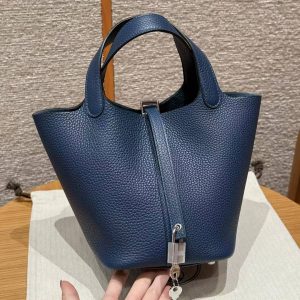 Hermes Picotin Lock 18 CM Bag Handmade In Taurillon Clemence Leather Silver Hardware 7P Bleu De Prusse
