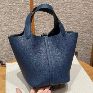 Hermes Picotin Lock 18 CM Bag Handmade In Taurillon Clemence Leather Silver Hardware 7P Bleu De Prusse - Image 2