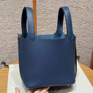 Hermes Picotin Lock 18 CM Bag Handmade In Taurillon Clemence Leather Silver Hardware 7P Bleu De Prusse - Image 15