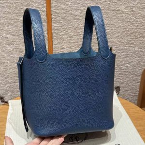 Hermes Picotin Lock 18 CM Bag Handmade In Taurillon Clemence Leather Silver Hardware 7P Bleu De Prusse - Image 14