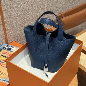 Hermes Picotin Lock 18 CM Bag Handmade In Taurillon Clemence Leather Silver Hardware 7P Bleu De Prusse - Image 8