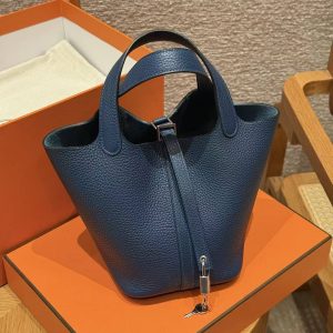 Hermes Picotin Lock 18 CM Bag Handmade In Taurillon Clemence Leather Silver Hardware 7P Bleu De Prusse - Image 7