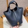 Hermes Picotin Lock 18 CM Bag Handmade In Taurillon Clemence Leather Gold Hardware 7P Blue Presse