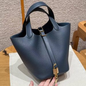 Hermes Picotin Lock 18 CM Bag Handmade In Taurillon Clemence Leather Gold Hardware 7P Blue Presse