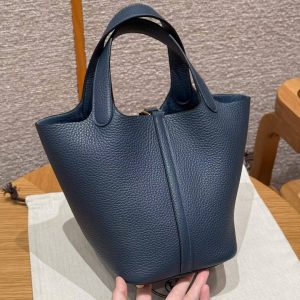 Hermes Picotin Lock 18 CM Bag Handmade In Taurillon Clemence Leather Gold Hardware 7P Blue Presse - Image 2