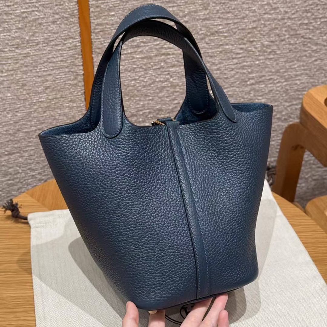 Hermes Picotin Lock 18 CM Bag Handmade In Taurillon Clemence Leather Gold Hardware 7P Blue Presse - Image 2